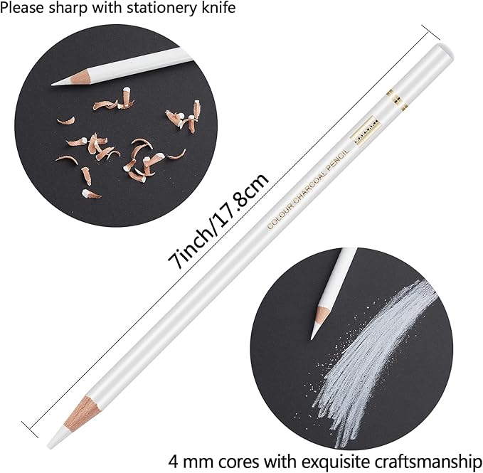 MARKART Professional White Charcoal Pencils Set, 5 Pieces Sketch Highlight Charcoal Pencils for Drawing, Sketching, Shading, Blending, White Chalk Pencils for Beginners & Artists