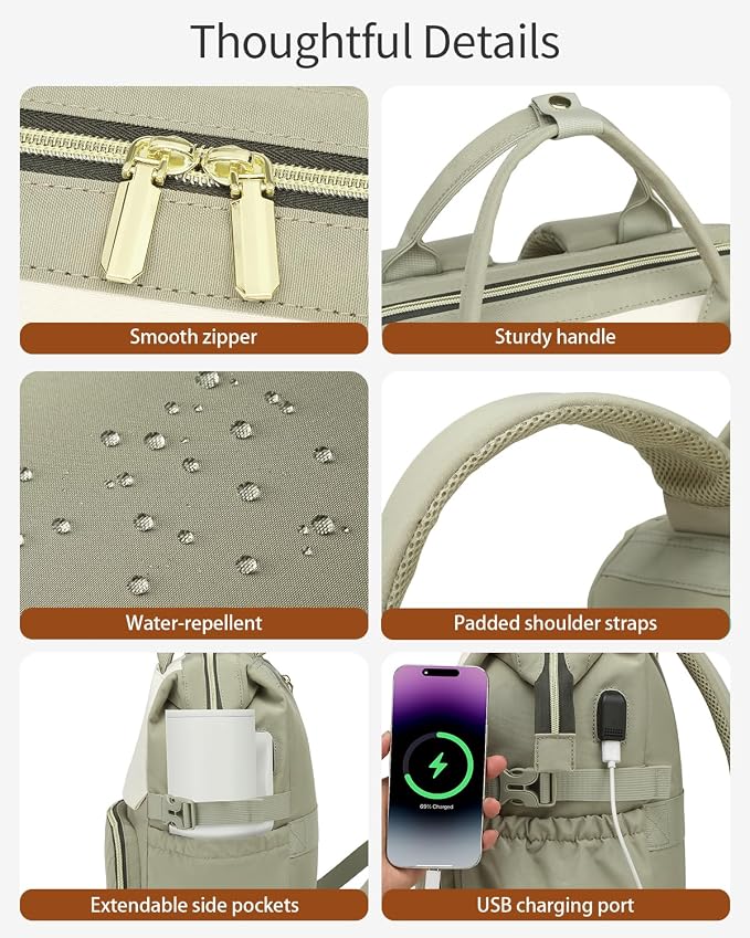 17.3in Computer Backpack for Women, Work Bag Laptop Bookbag with Cup Holder & USB Charger for Teacher Nurse College Travel Back Pack, Gifts, Beige Green