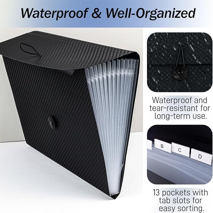 Expanding File Folder with Tabs – 13-Pocket Accordion Document Organizer with Elastic Closure, A4 & Letter Size Waterproof Paper Holder for Home, School & Office