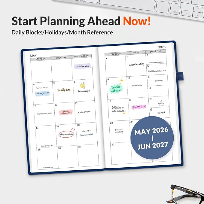 SUNEE 2026-2027 Pocket Weekly Planner for Purse 3.5" x 6" - 12 Month (July 2026 - June 2027) Academic Year Calendar, Pocket Size Planner, Hardcover, Note, 100 GSM Paper, Deep Blue
