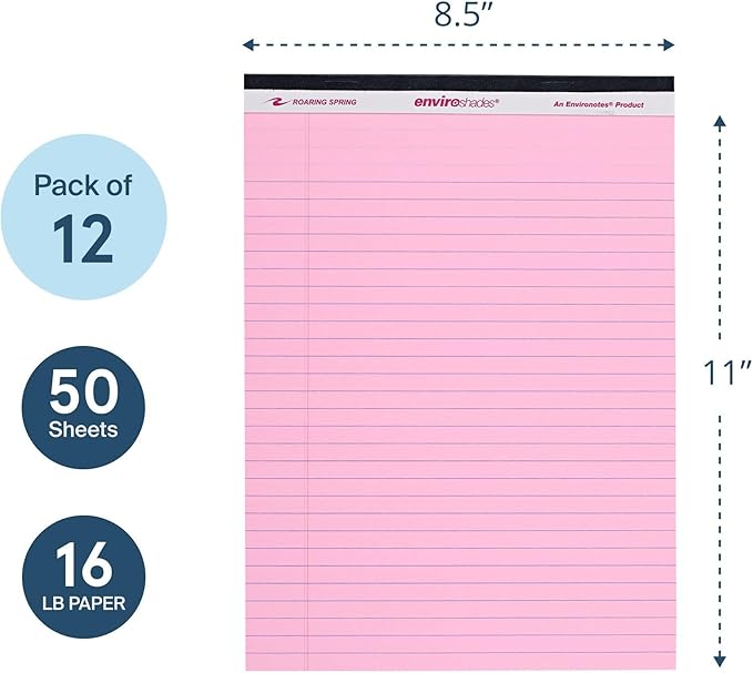 ROARING SPRING Enviroshades Pink Legal Pads, 12 Pack, Legal Ruled Recycled Colored Writing Note Pads, 8.5" x 11", 50 Sheets, Perforated Paper, Made in USA, Memo Pad For School & Office