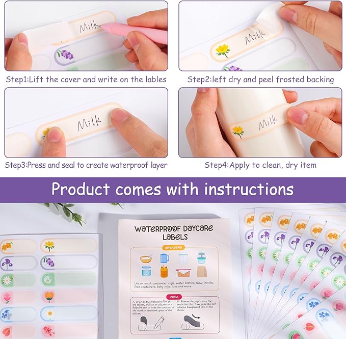 480Pcs Baby Bottle Labels for Daycare, Waterproof Name Labels for Kids Daycare Essentials Self-Laminating for Nursery and Preschool (Flowers)