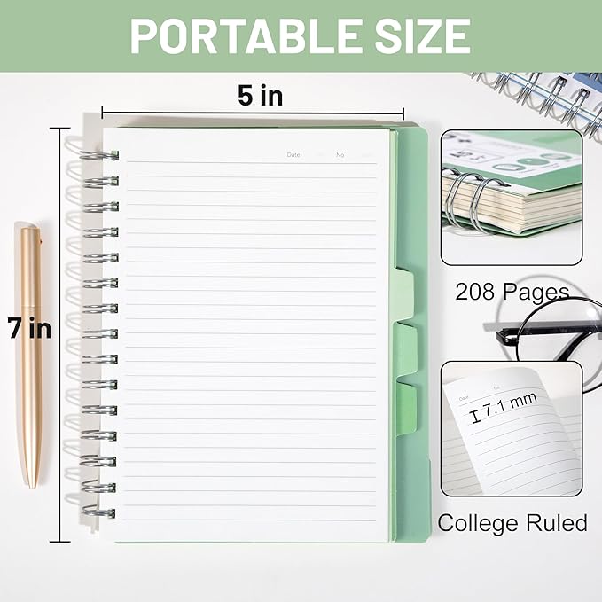 FLYING EAGLE 2 Pcs 5 Subject Notebook College Ruled Small Spiral Notebook 5x7 with Dividers Tabs Waterproof Plastic Cover Thick Paper Notebooks for Work School, Green+Orange