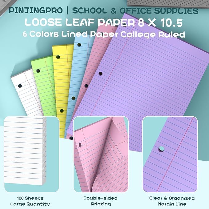 Loose Leaf Paper 8" x 10.5" Colored Filler Paper 120 Sheets 3 Hole Punched Lined Paper 8 X 10.5 College Ruled Notebook Paper for 3-Ring Binders Notepad Writing Note Pads for Home,Office,School Supplie