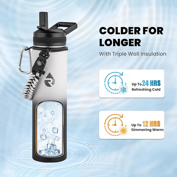 RAYMYLO Insulated Water Bottle 24oz, Triple Wall Vacuum Stainless Steel (Cold for 24Hrs, Hot for 12Hrs), Leak Proof & Non-BPA, 24oz Hydro Water Flask with Paracord Handle & Straw Spout Lids