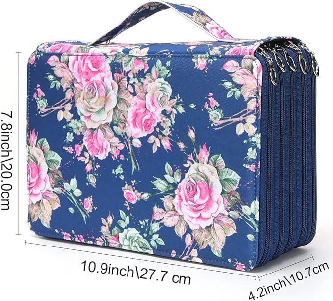 Vomgomfom 252 Slots Pencil Bag, 5-Layer Zipper Art Supply Organizer, PU Leather Portable Colored Pencil Case with Handle for 252 Watercolor Pens, Gel Pens (Blue Rose)