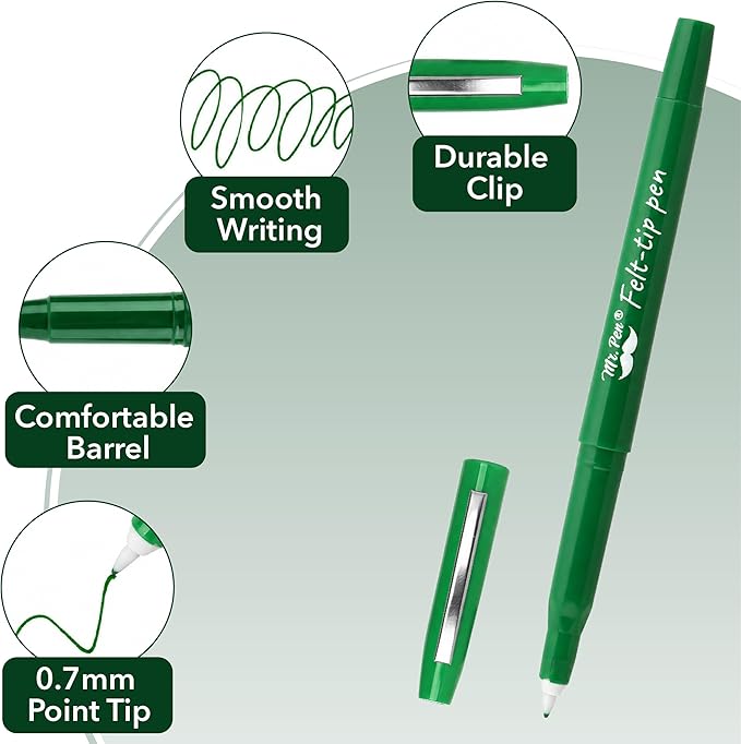 Mr. Pen- Felt Tip Pens, 36 Pack, 0.7 mm, Green Felt Tip Pens Bulk, Fast Dry, No Smear, Planner Markers for Underlining, Writing, Drawing, Journaling Supplies