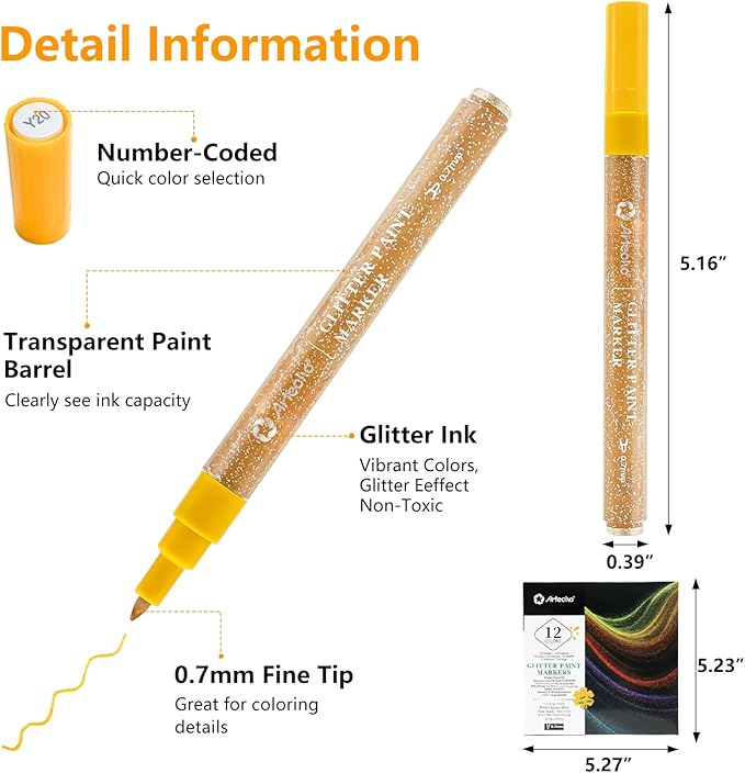 Artecho Glitter Paint Pens, 12 Colors Acrylic Glitter Markers with 0.7mm Extra Fine Tip for Rock Painting, Stone, Ceramic, Glass, Wood, Scrapbooking, Card Making and DIY Craft Art Supplies