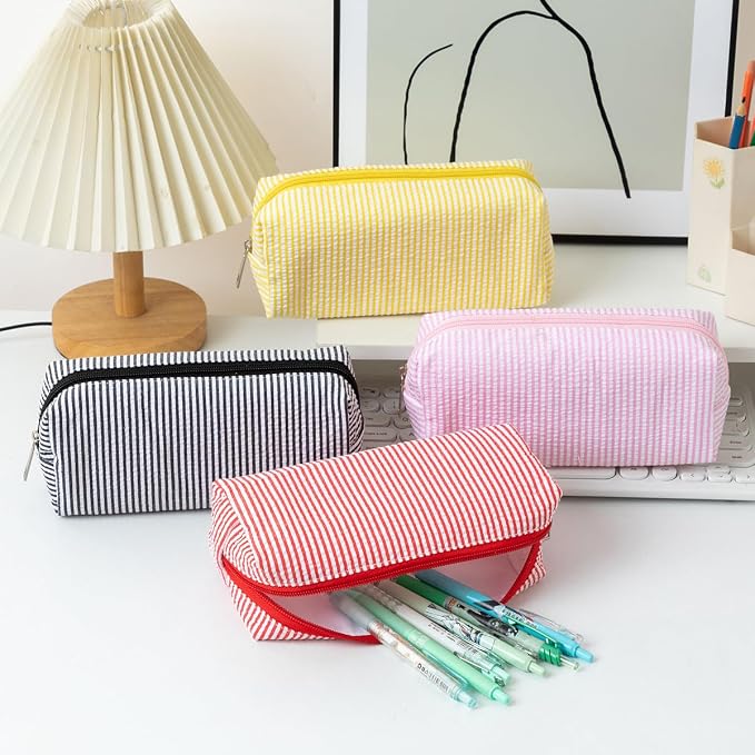 Seersucker Striped Pencil Bag, Large Capacity Stationery Pouch | Preppy Aesthetic Multifunctional Design That Doubles as a Cosmetic Makeup Pouch or Travel Storage Bag