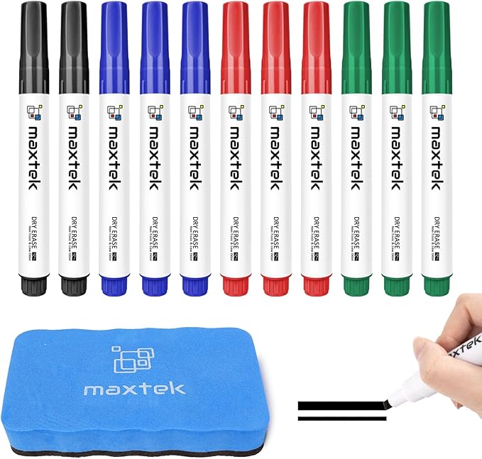 maxtek Low Odor Dry Erase Markers Chisel Tip, Whiteboard Markers Set 12 Count with 1 Magnetic Eraser