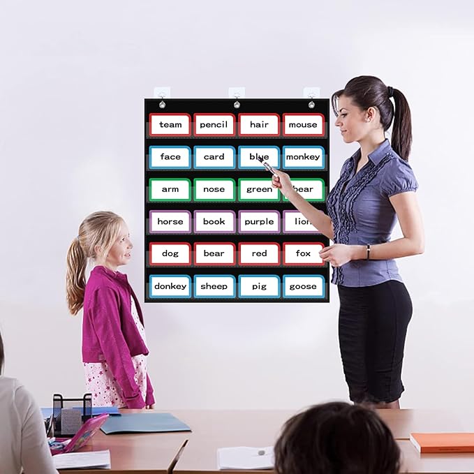 ANCOMEDO 20”W x 25”H Classroom Words Pocket Chart with 6 Clear Pockets, Black Standard Pocket Chart for Classroom and Home for Sentence Strips, Reusable Clear Pocket Hanging Words Chart (Black)