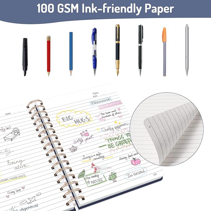 Forvencer Lined Spiral Journal Notebook with 300 Numbered Pages, A5 College Ruled Thick Journals for Writing with 100GSM Paper, Hardcover Notebooks with Contents for Work, School, Women, Men, Navy