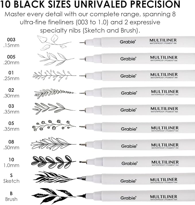 Grabie Micro Finerliner Pens, 10 Black Fine Line Waterproof Drawing Pens, Assorted Point Sizes for Sketching, Illustration, Journaling, Art Supplies