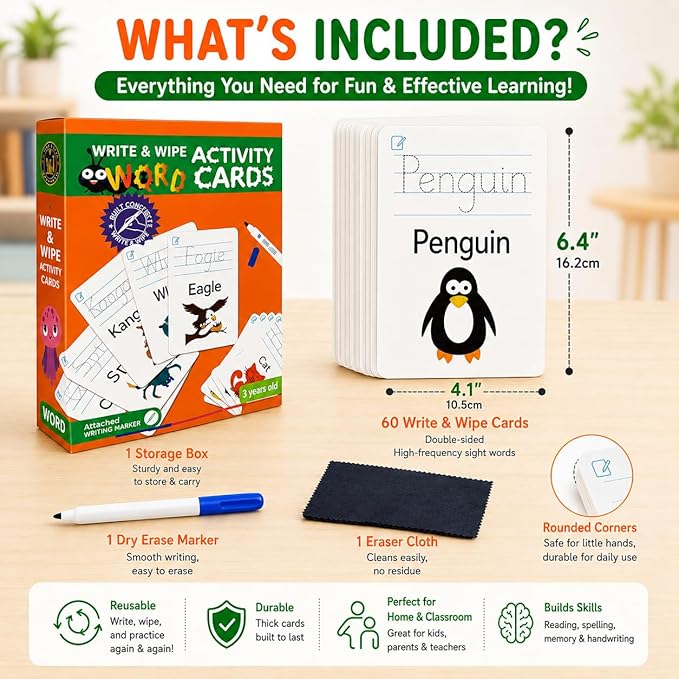 Write & Wipe Activity Cards for Kids, Reusable Tracing Flash Cards, Preschool Handwriting Practice Set, Letter Number Math Learning Activities Ages 3-6 (Sight Words)