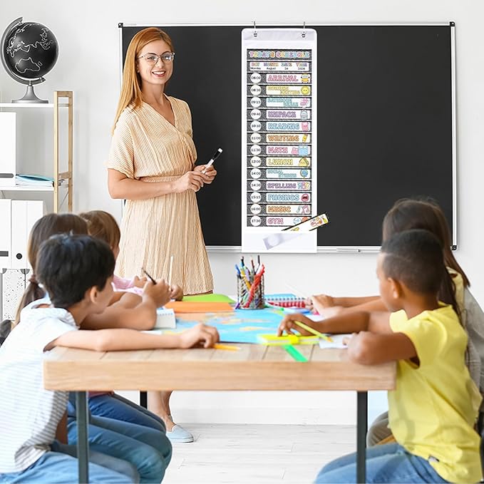 Daily Schedule Chart Composition Notebook Classroom Decor 15+1 Pockets Visual Scheduling Chart with 30 Reusable Cards 3 Erasable Pens and 2 Hangers for Teacher School Office Home Preschool Activity