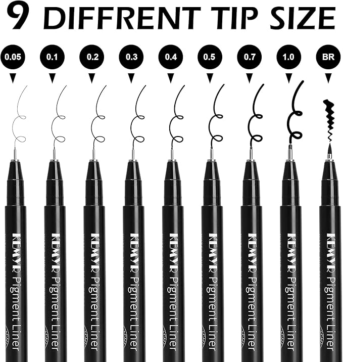 KEMYR 9 Micro Fine liner Drawing Art Pens Calligraphy Pens: 0.05mm-BR Size Black Art supplies Waterproof Archival Black Ink Markers For Artists,Use for Professional Watercolor,Sketching