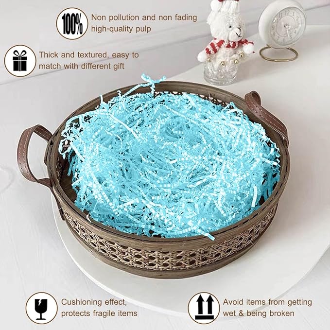 LYARCHTE Crinkle Paper Filler 5.2 oz, Crinkle Cut Paper Shred Filler Shredded TissueRaffia Grass Paper for Gift Basket Packing Bag Filler (Baby blue)