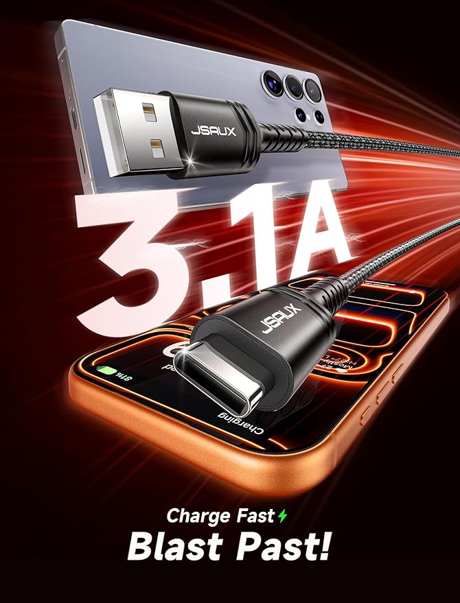 JSAUX USB C Cable 3.1A Fast Charging, 3-Pack (10ft+6.6ft+3.3ft) USB A to Type C Charge Cord Compatible with iPhone 17/17 Pro/17 Pro Max, iPhone 16/16 Pro Max, Samsung S22 S20, USB C Charger(Grey)