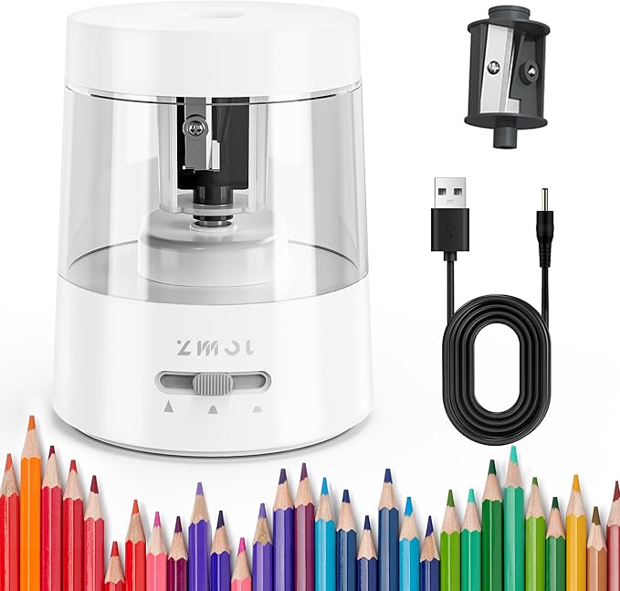 ZMOL Electric Pencil Sharpener - Battery/USB Powered, 3 Sharpening Modes, for No.2 & Colored Pencils, White