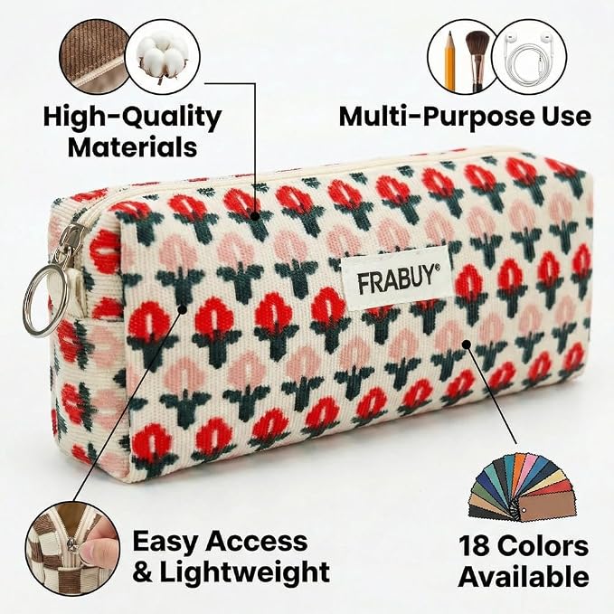 Soft Corduroy Pencil Case Pen Pouch Organizer, Small Stationery Bag | Cute little red flower pencil pouch, smooth zipper, daily cosmetics holder, compact organizer for school teen girls, women