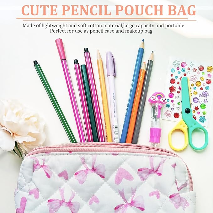 Pencil Pouch Cute Pencil Case Office Storage Bag Holder Box Organizer Aesthetic Bow Flower Pattern Makeup Pouch Cosmetic Bag for Women Girls