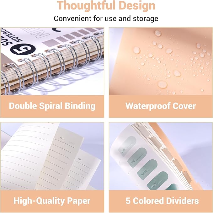 FLYING EAGLE Small Spiral Notebook 5 Subject Notebook Wide Ruled with Dividers Tabs Waterproof Plastic Cover Thick Paper Notebooks for Work School, 7x10 Orange