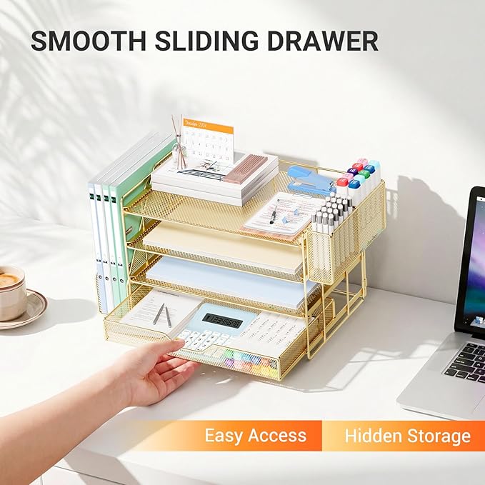 OPNICE Desk Organizers and Accessories, 4-Tier Office Desk Accessories & Workspace Organizers with Drawer and Pen Holder, Desktop Paper Tray File Organizer for Home Office Supplies, Gold