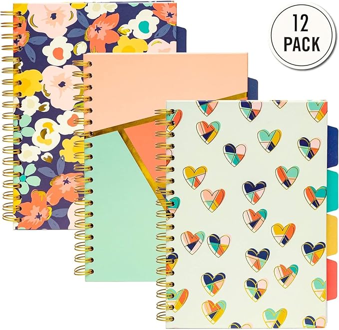 Pukka Pad, Carpe Diem 5-Subject Double Spiral Bound Notebook 12-Pack with Repositionable Dividers - 200 Pages of 80GSM Paper with Perforated Edges – Floral Love, B5 10 X 7in