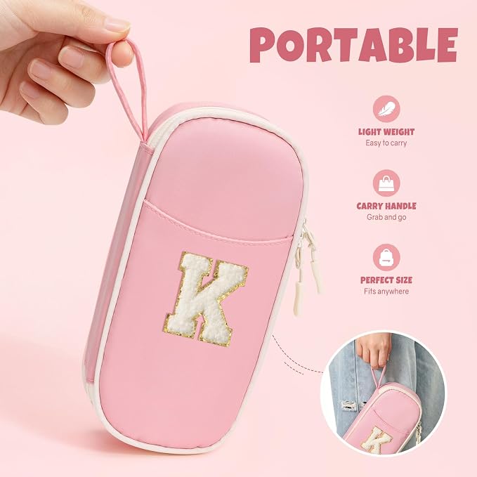 SUNEE Cute Pencil Case, Kawaii Big Capacity Pencil Pouch, Personalized Initial Pencil Bag with Zipper, Stationery Storage and Organizer, Back to School Supplies, Pen Box for Girls & Boys, Teen, K-Pink