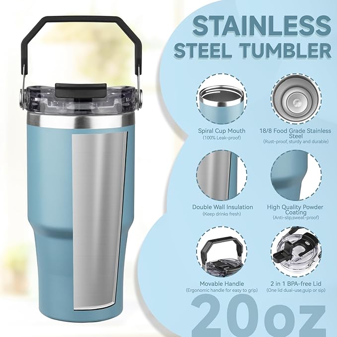 20oz Tumbler with Handle and Flip Straw Lid Double Wall Insulated Travel Coffee Mug Stainless Steel Vacuum Insulated Coffee Tumbler Cup for Hot and Cold Beverages,Leak-proof (20oz,Glacier blue)