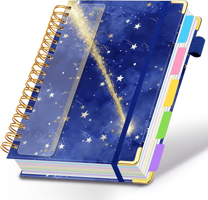 Spiral Journal Notebooks for Work, 300 Pages 5 Subject Notebook College Ruled with Dividers & Tabs, A4 Notebook Journal for Women Students Note-Taking and Organizer (Starlit Meteor)