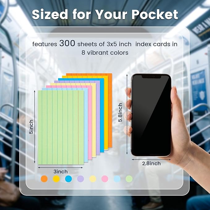 Koogel Index Cards 3x5, 300 Count, Colored Flash Card Lined Ruled on Both Side, Heavyweight Notecards for Back to School Studying Learning College Office Home Taking Notes Supplies, 8 Assorted Colors