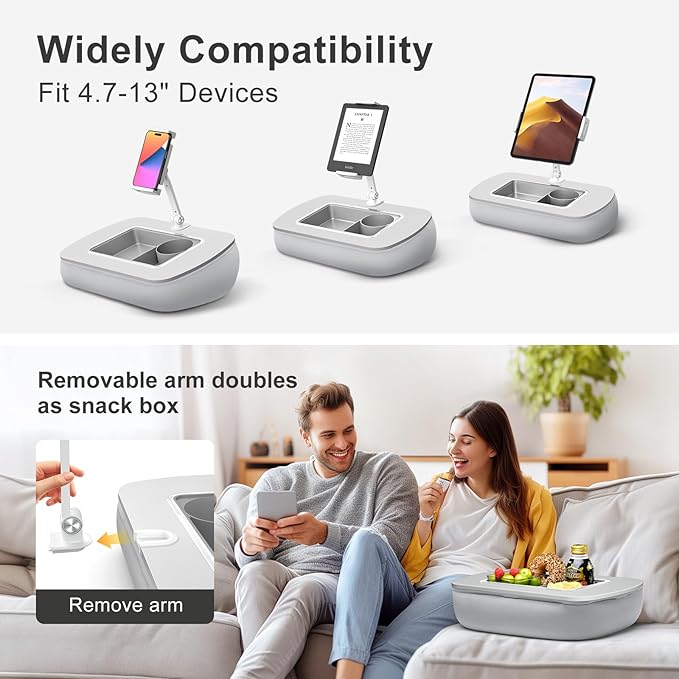 ERGONOV Tablet Stand Pillow with Snack Bowl, iPad Lap Holder for Hands-Free Reading and Relaxation on Bed,Couch,Recliner, 360° Rotating Clip for 4.7-13" Kindle,eBook,Tablet,iPhone (Light Gray)