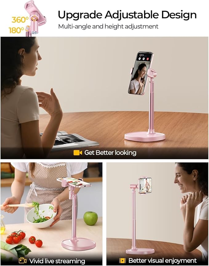 DIMONCOAT Cell Phone Stand for Desk, Stocking Stuffers Gifts for Teens Girls Boys Adults，Phone Holder Angle Height Adjustable, Aluminum Alloy Universal iPhone Stand for iPhone 17 16 15 Pro Max -Pink