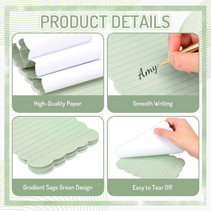 AnyDesign 12Pcs Scalloped Sage Green Sticky Notes 4 x 6 Inch Gradient Green Self Adhesive Lined Notepad Removable Memo Pad for Classroom Office Home School Party Supplies