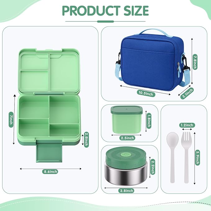 HOMETALL Bento Box for Kids with 8.5oz Insulated Food Jar - Leakproof Bento Lunch Box Kids Lunch Bag Set for Back to School Ages 3 to 14, Lunchbox Snack Containers Reusable On-the-Go Meal Prep,Green