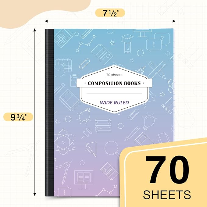 Oucaru Composition Notebook 6 Pack Wide Ruled, Gradient Cover Notebooks for School, 70 Sheets 7-1/2"x9-3/4, Back to School Supplies Journal for K-12 Students