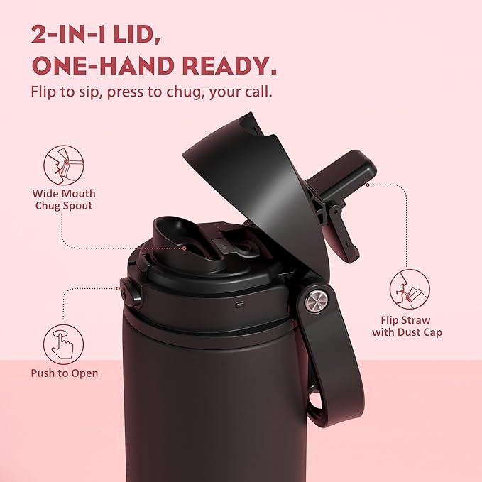 POWCAN 24 oz Stainless Steel Water Bottle: 2-in-1 Push-Button Spout & Quick-Flip Straw, Leakproof, Keep Cold 24Hrs, Fits Car Cup Holder, Insulated Water Bottle for Sports, Travel, School, Gift (Queen)