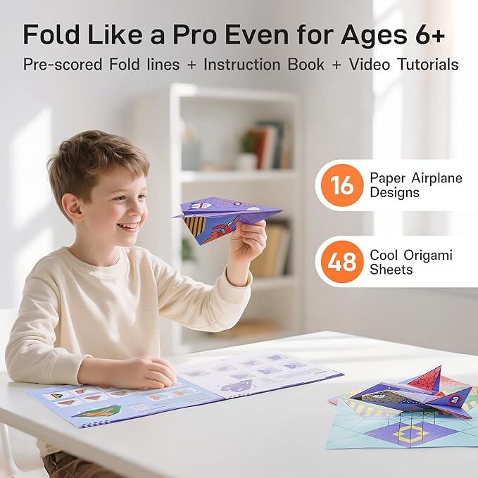 Leven DIY Paper Airplane Book, 16 Creative Folding Paper Planes with 48 Sheets of Colorful Origami Paper, Arts & Crafts Kit with Video Tutorials – Gifts for Boys and Girls Ages 3–12+ 11 * 8.3 inches