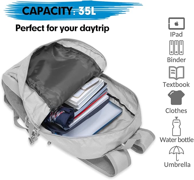 ZOMAKE Lightweight Packable Backpack, 35L Foldable Daypack (Silver Grey) | Light Hiking Backpacks Water Resistant Collapsible Day Pack for Travel, Everyday Carry, Multi-Pocket Layout, Heavy Duty Nylon