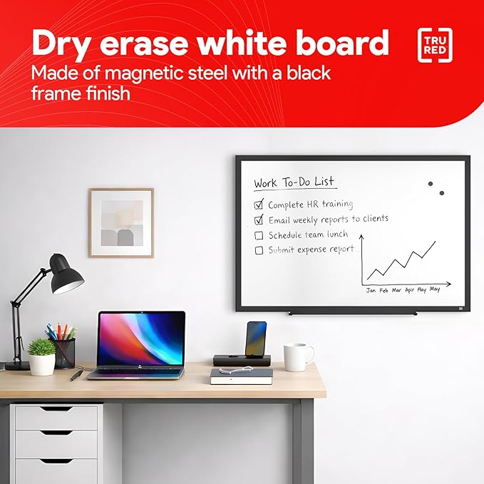 TRU RED Steel Magnetic Whiteboard | Dry Erase Board for Wall, White Board with Black Aluminum Frame, 3 ft x 2 ft
