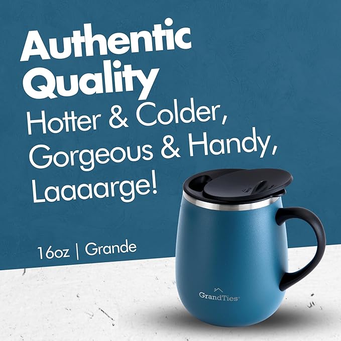 GRANDTIES Insulated Coffee Mug with Handle - Sliding Lid for Splash-Proof 16oz Wine-Glass Shape Thermal Tumbler with Double Walled Vacuum Stainless Steel to Keeps Beverages Hot or Cold-Cobalt Blue