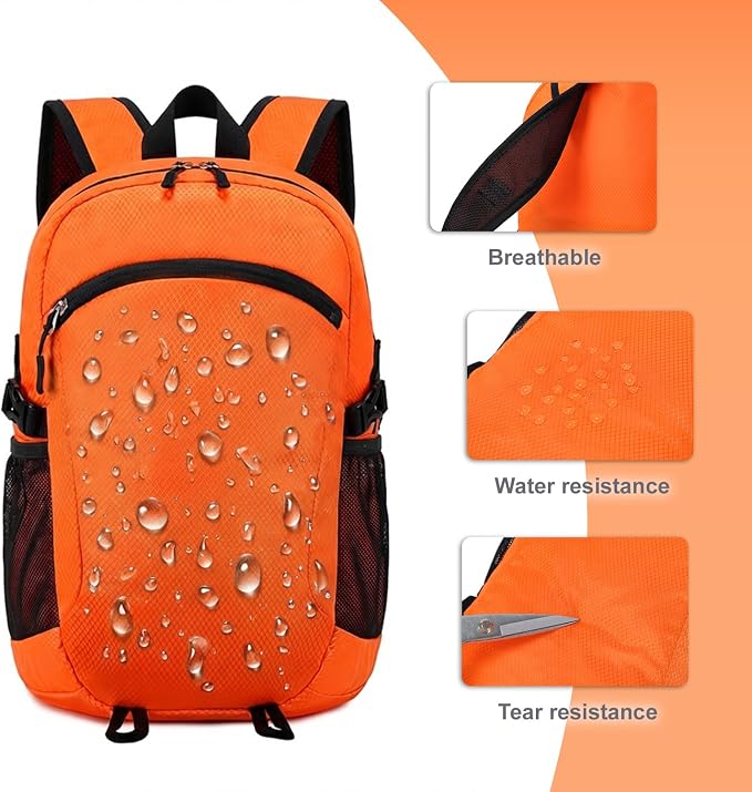 Lightweight Hiking Backpack 18L Packable Foldable Small Daypack Collapsible Travel Bag Water-Resistant for Adults (Orange)