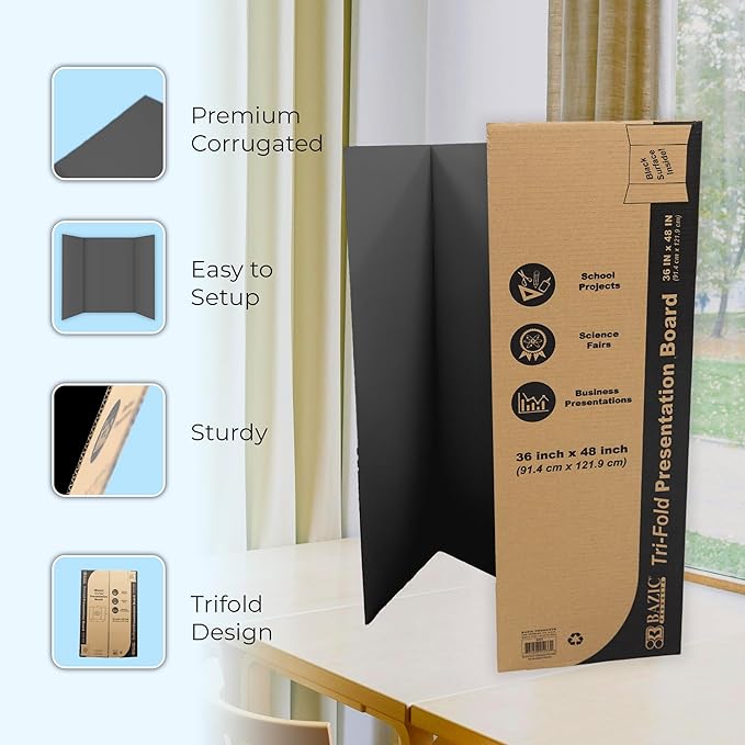 BAZIC Products Trifold Poster Board – Black Corrugated Cardboard Display Board for School Projects, Science Fairs, Photos, Charts, and Classroom Presentations, 36" X 48", 24-Pack