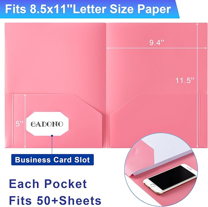 CADONO Plastic Folders with Pockets (8 Pack,Assorted Colors), Durable Heavy Duty File Folders with Business Card Slot, 2-Pocket Folder for Schoolwork & Office,Back to School Supplies