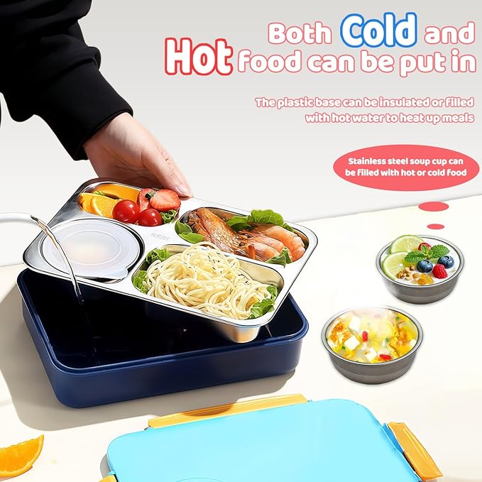 Kids Stainless Steel Lunch Box,304 Stainless Toddler Leak-Resistant Insulated Metal Bento Box,Suitable Schools,Office,Use Comes With An Independent Soup Cup,Tableware,4 Compartments (Pink)