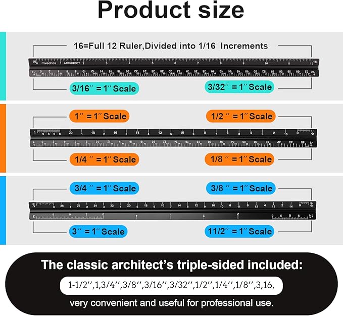 Architectural Scale Ruler, Imperial Measurements 12'', Laser-Etched Aluminum Architect Triangular Ruler Black for Architects, Students, Draftsman, and Engineers by mveohos