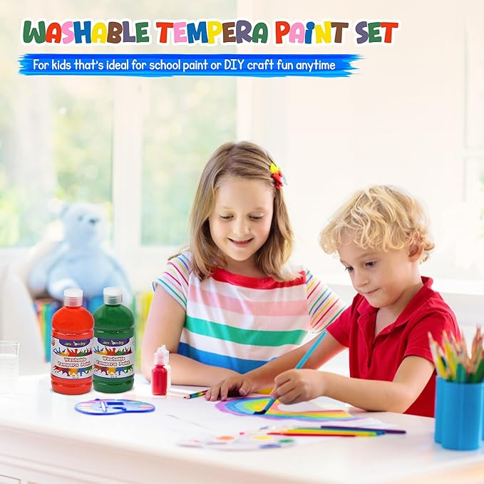 4E's Novelty 16oz Washable Tempera Paint Set for Kids – 10 Bright Colors – 16oz Bottles – Non Toxic Washable Paint for Crafts, Teacher Classroom Must Have, Arts & Craft Supplies