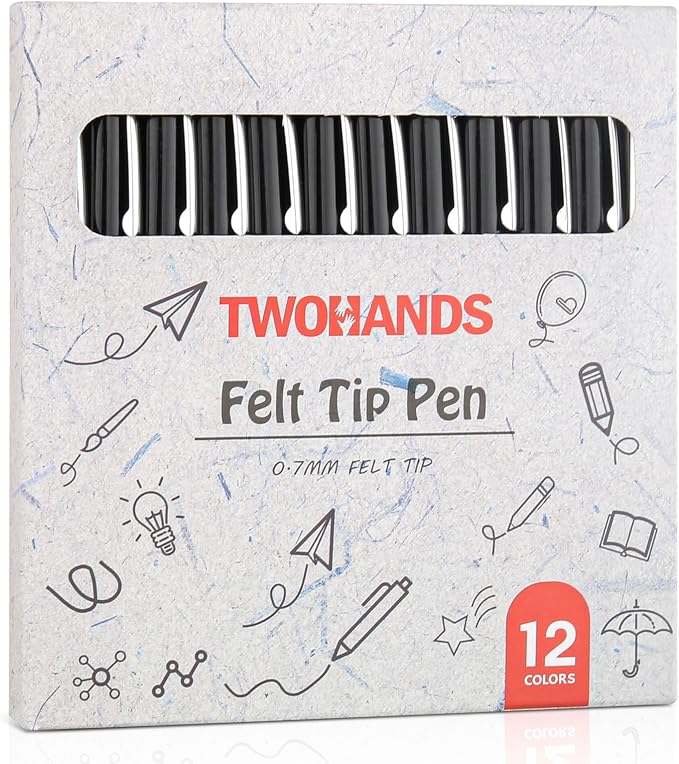TWOHANDS Felt Tip Pens Fine Point Marker Pens, Black, 0.7mm, 12 count