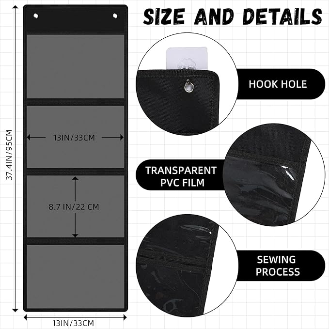 Watersay 2 Pcs Storage Pocket Chart for Classroom 37.4 x 13 in, 4 Pockets Hanging Wall File Organizer for Cards, Drawing, Pictures, Class Demonstrations, Homework, Teacher Office Organization (Black)